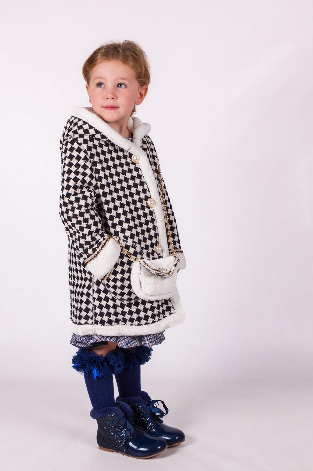 Girls' Cream & Black Hooded Houndstooth Coat & Handbag