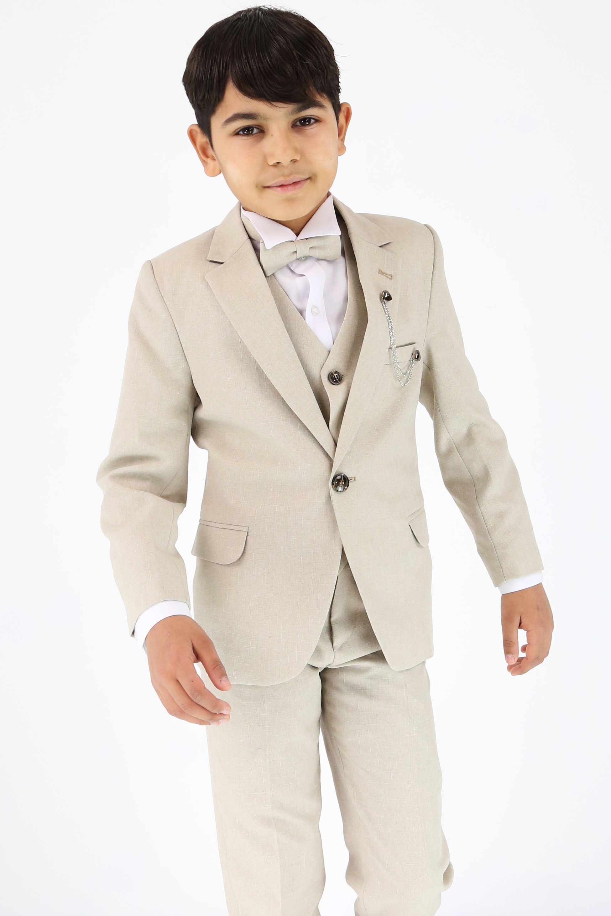 Boys Slim Fit Textured 6-Piece Formal Suit Set - Beige