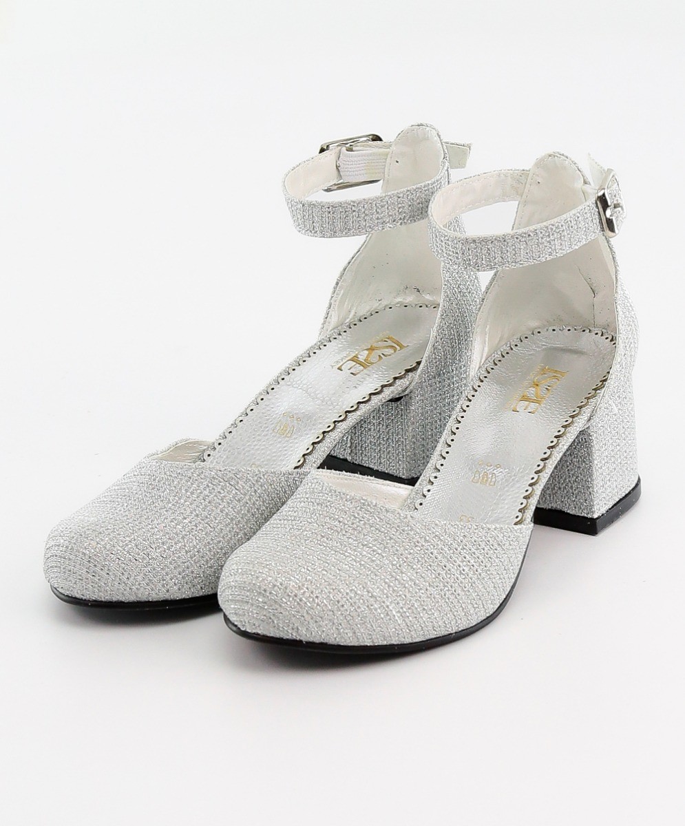 Mädchen Kommunion Schuhe mit Blockabsatz und Knöchelriemen - Silber