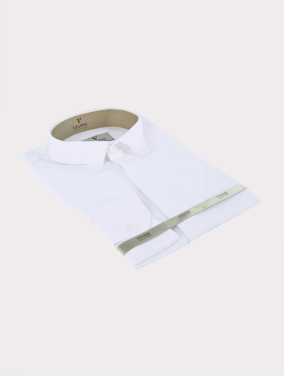 Boys Self Striped Wing Collar White Shirt