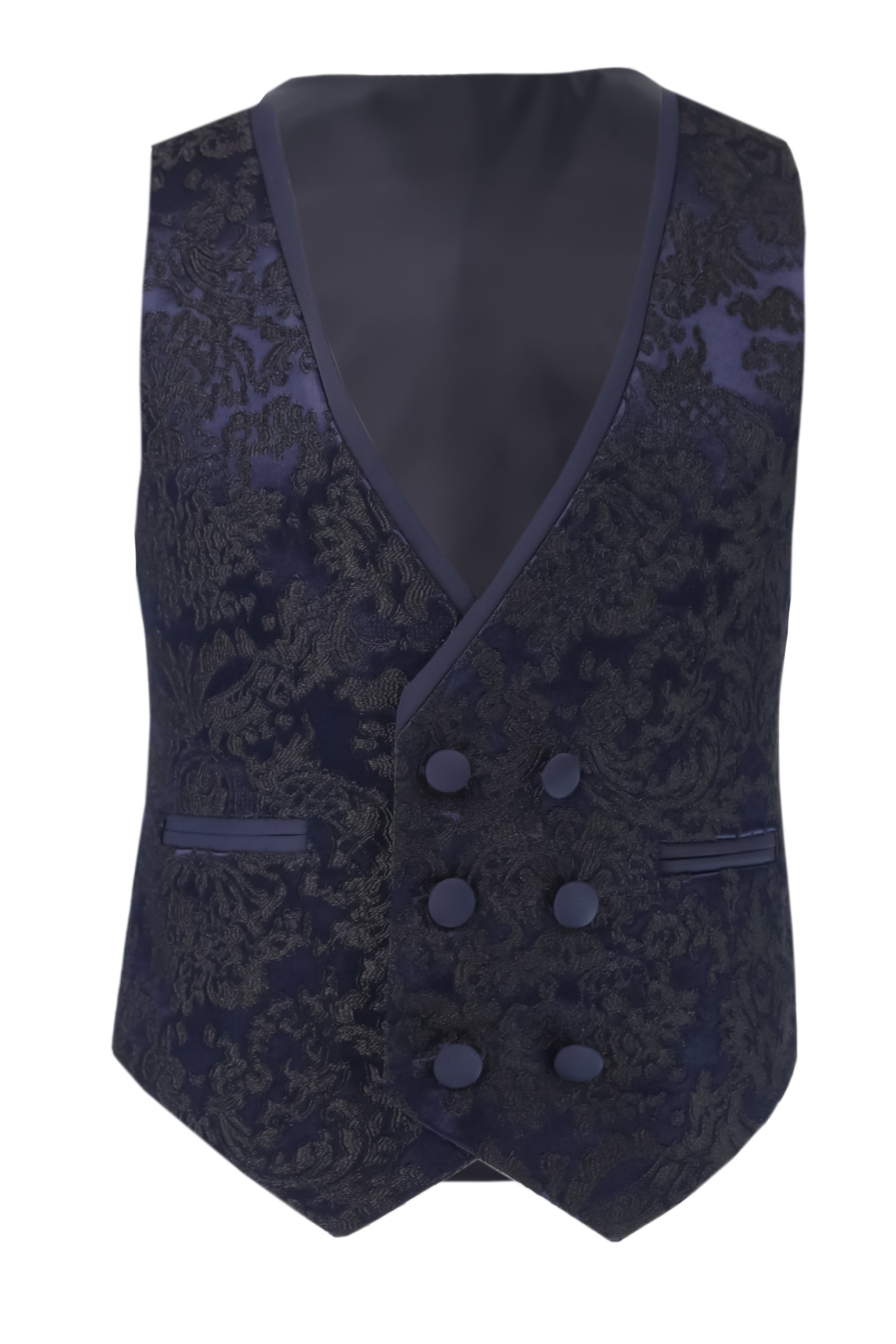 Jungen Slim Fit Paisley Blumen Schwarzer Smokinganzug Seti - Navy