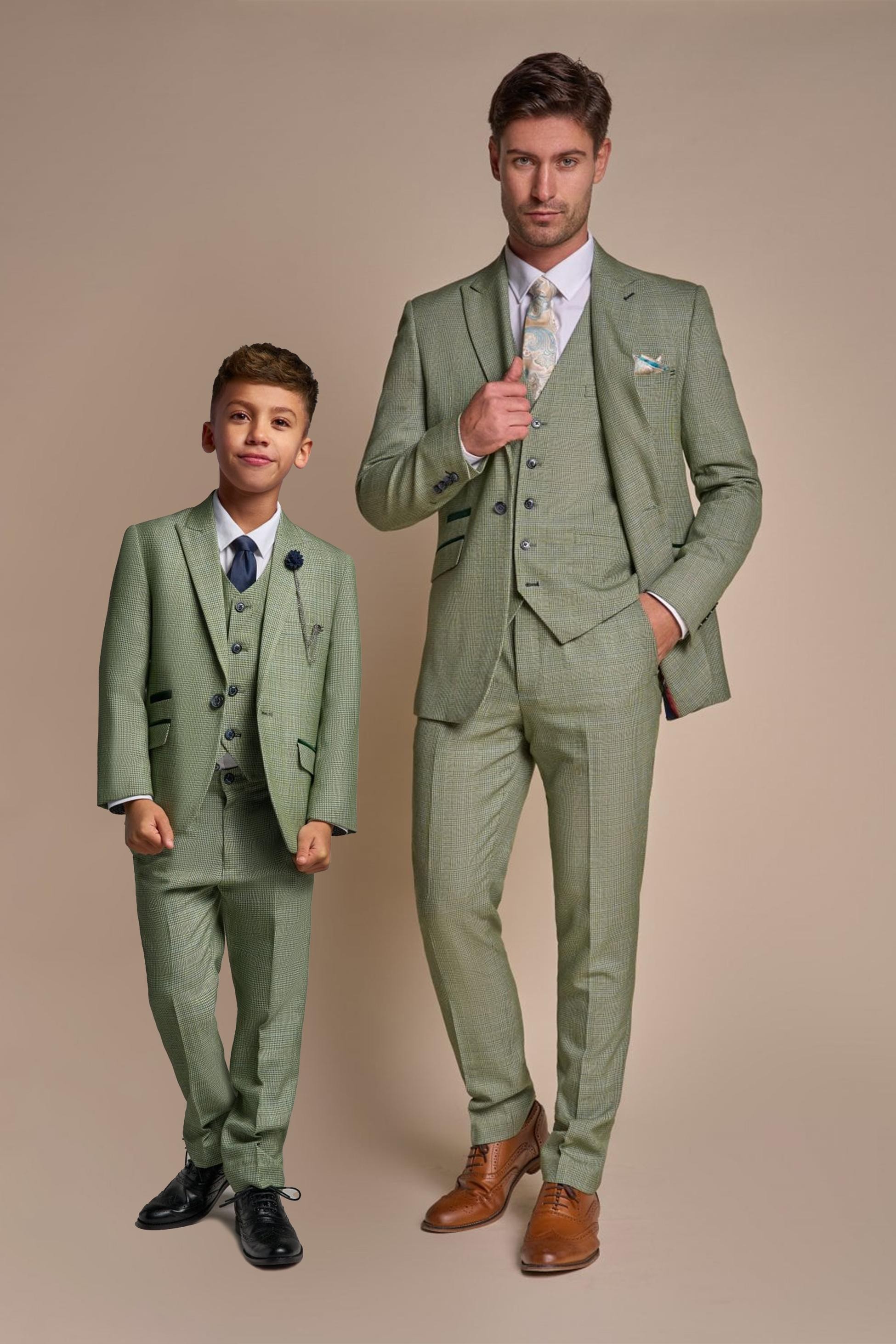 Jungen Slim-Fit Tweed Karo Anzug - CARIDI  - Salbeigrün