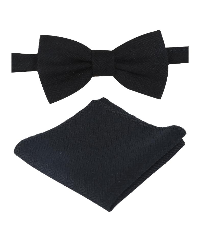 Boys & Men's Herringbone Tweed Bow Tie and Pocket Square - Black
