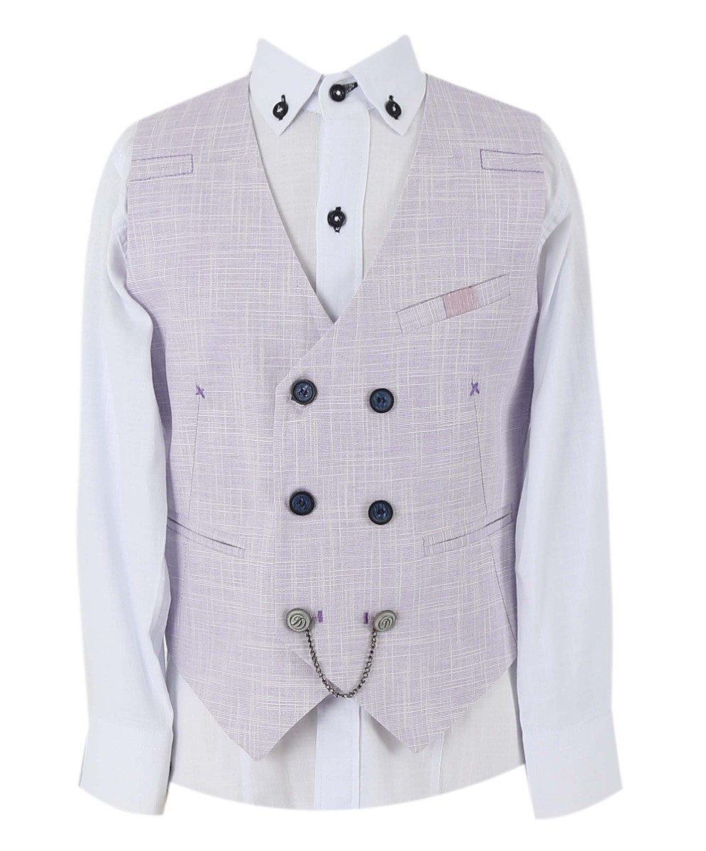 Boys Self Patterned Double-Breasted Linen Vest Suit Set - Lilac