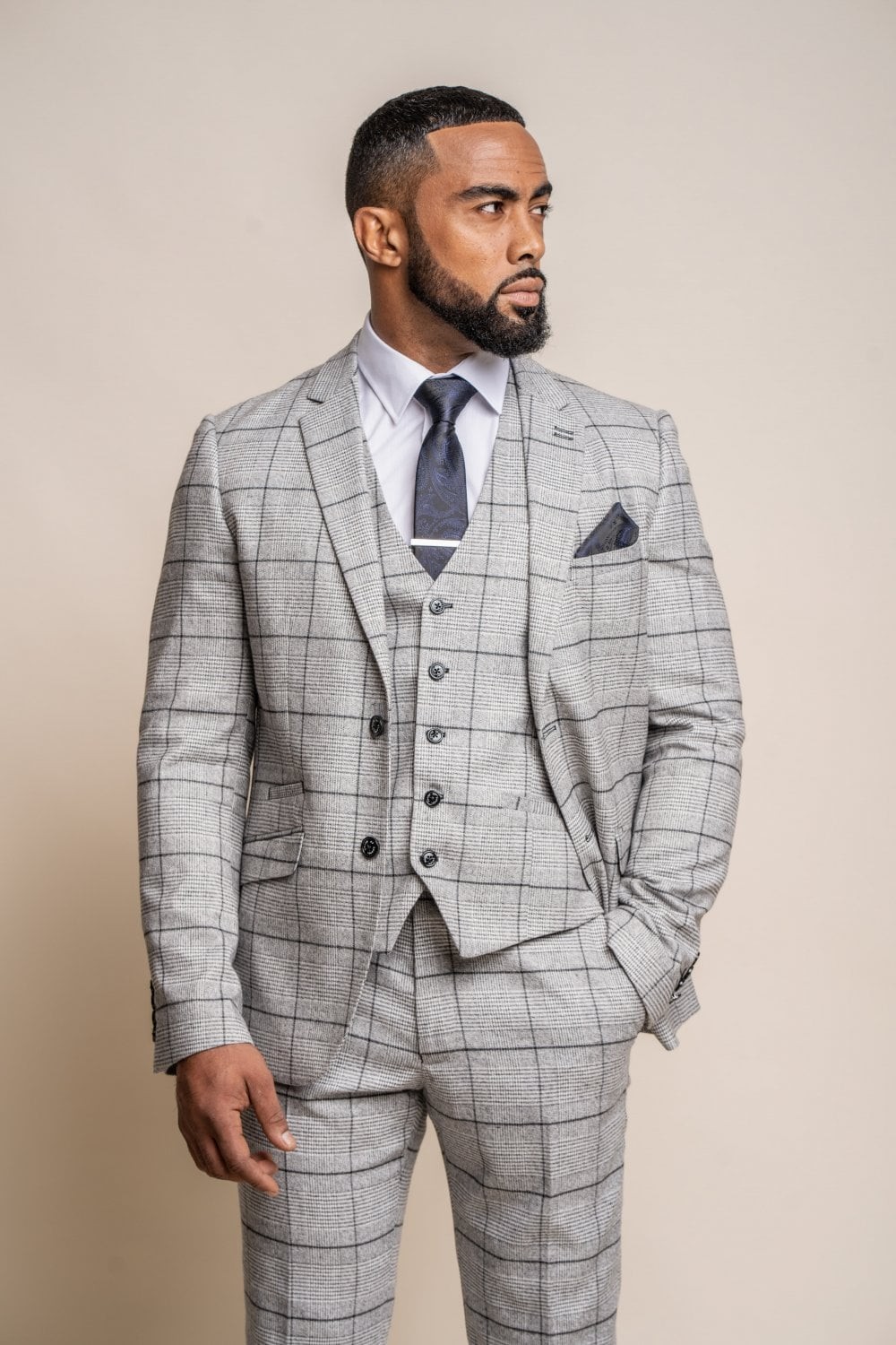 Men's Tweed Windowpane Check Slim Fit Suit - GHOST Grey - Light Gray