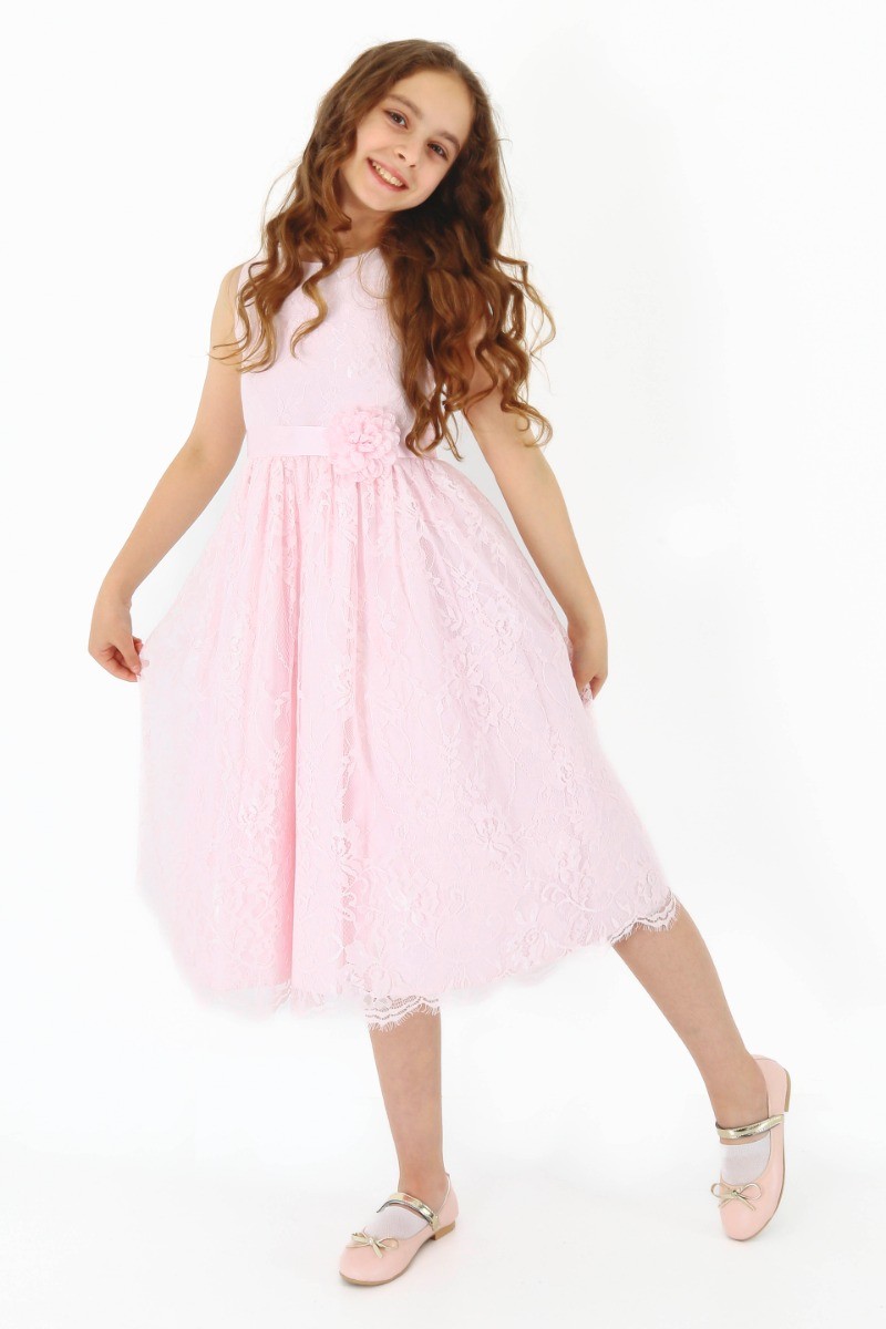 Girls Sleeveless Lace Embroidered Dress - Light Pink