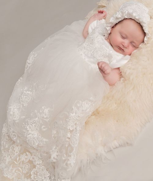 Robe de Baptême en Dentelle Héritage et Bonnet pour Bébé Fille - ALEXA