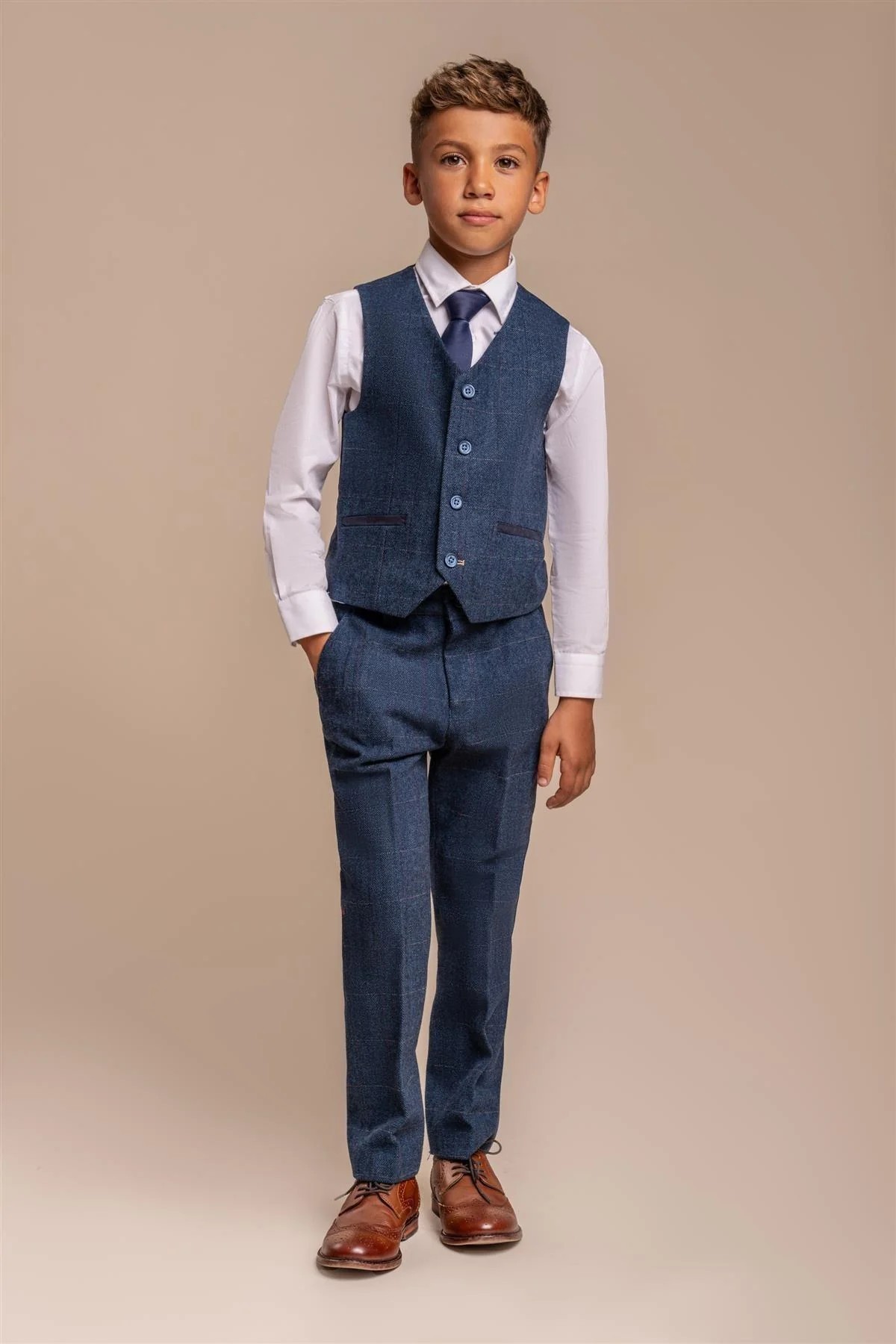 Boys Slim Fit Herringbone Tweed Blue Suit - CARNEGI - Navy Blue