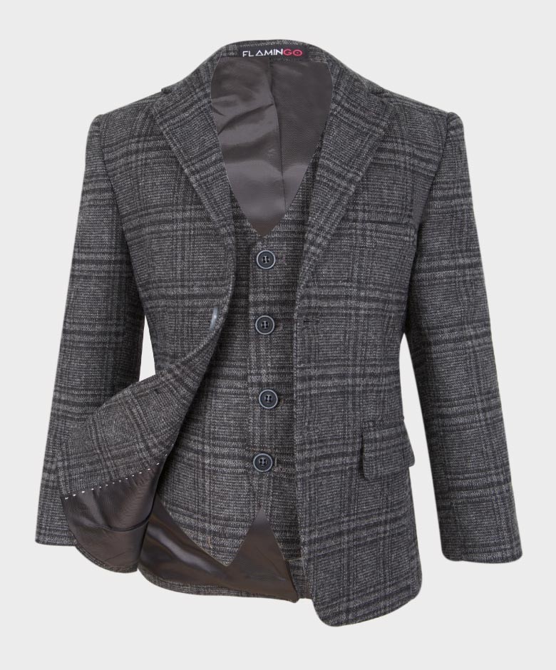 Jungen Maßgeschneiderter Tweed Karo Anzug - HURRICANE - Kohlengrau