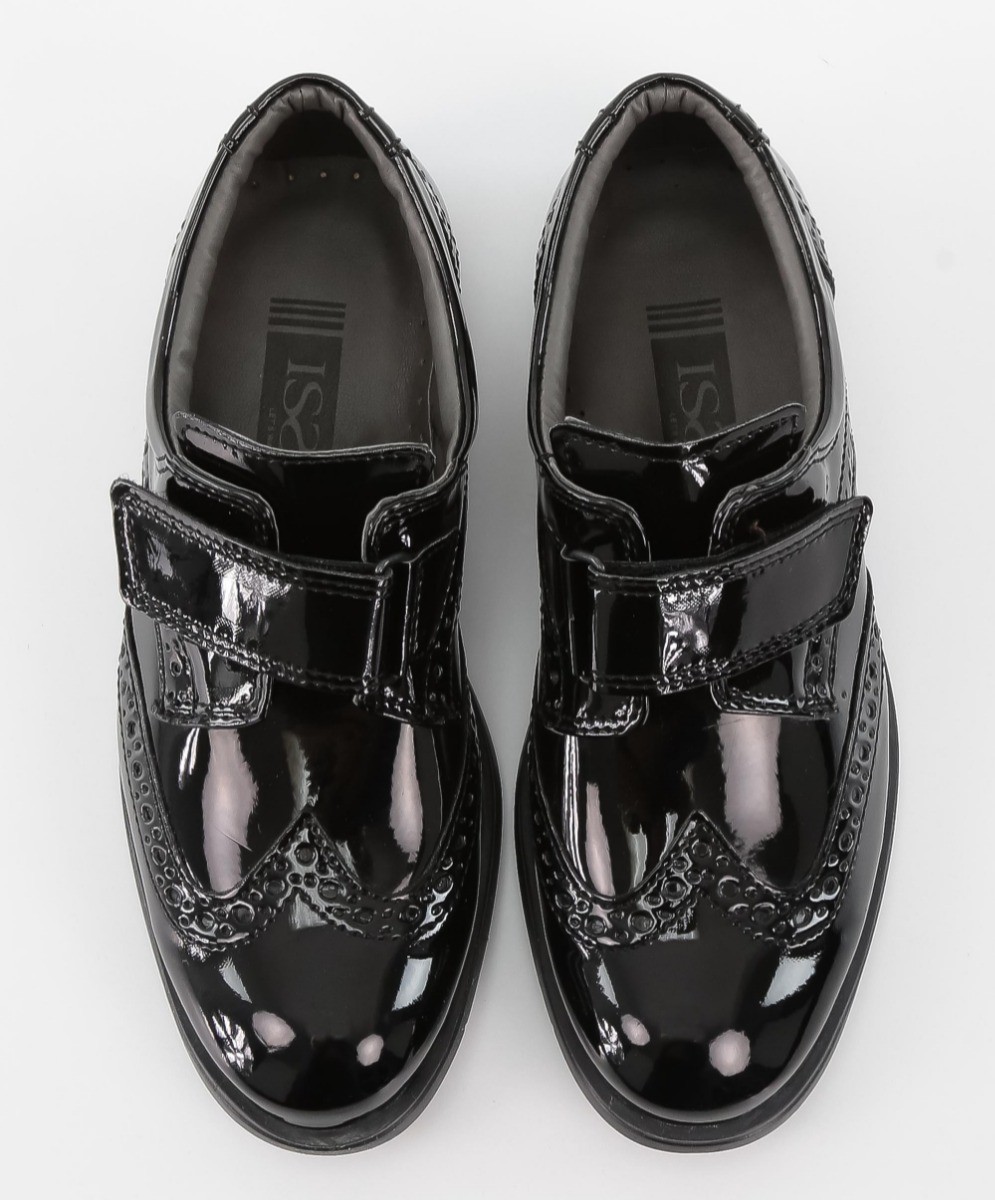 Boys Patent  Brogue Velcro Dress Shoes - Black