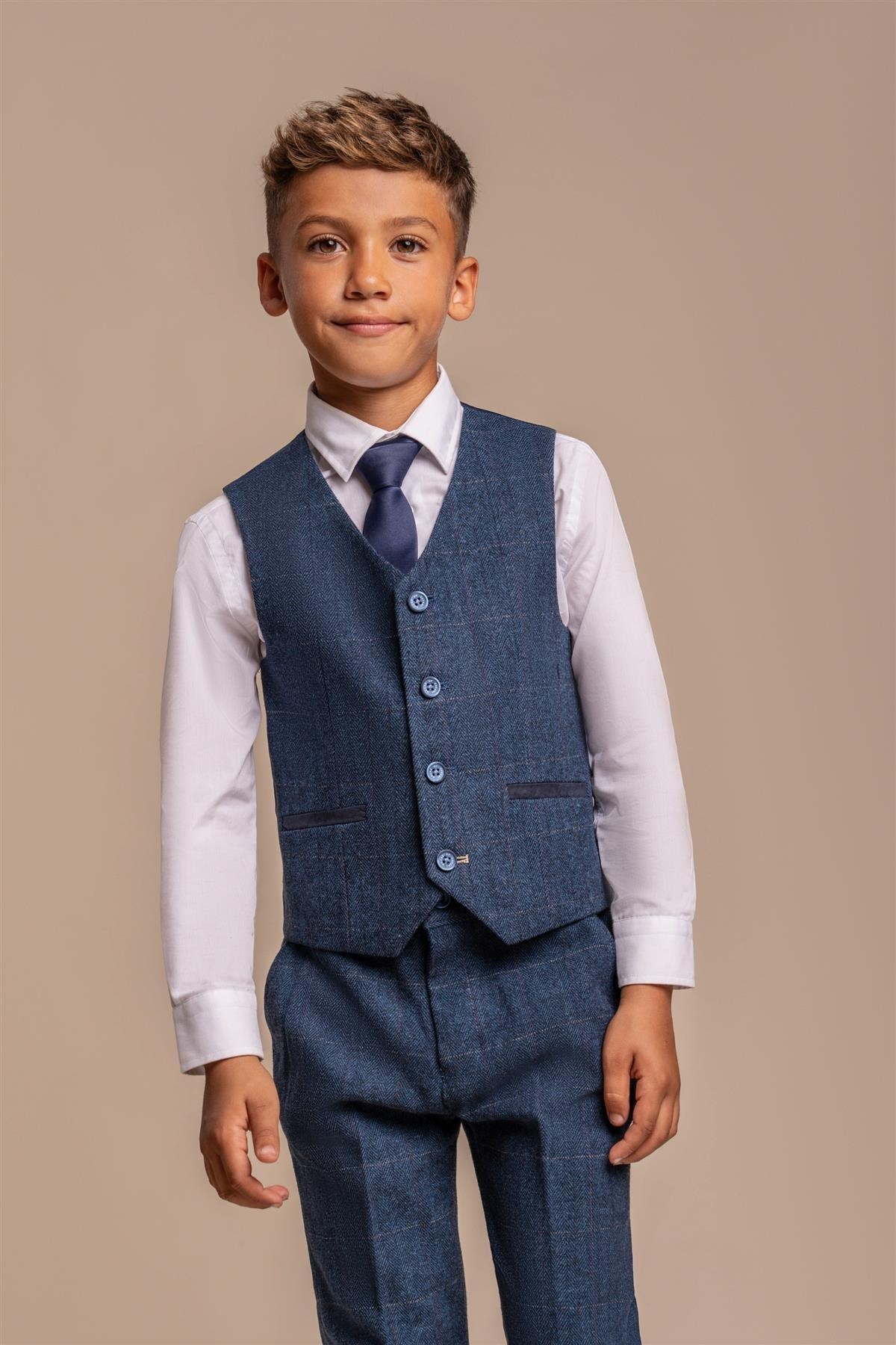 Boys Slim Fit Herringbone Tweed Blue Suit - CARNEGI - Navy Blue