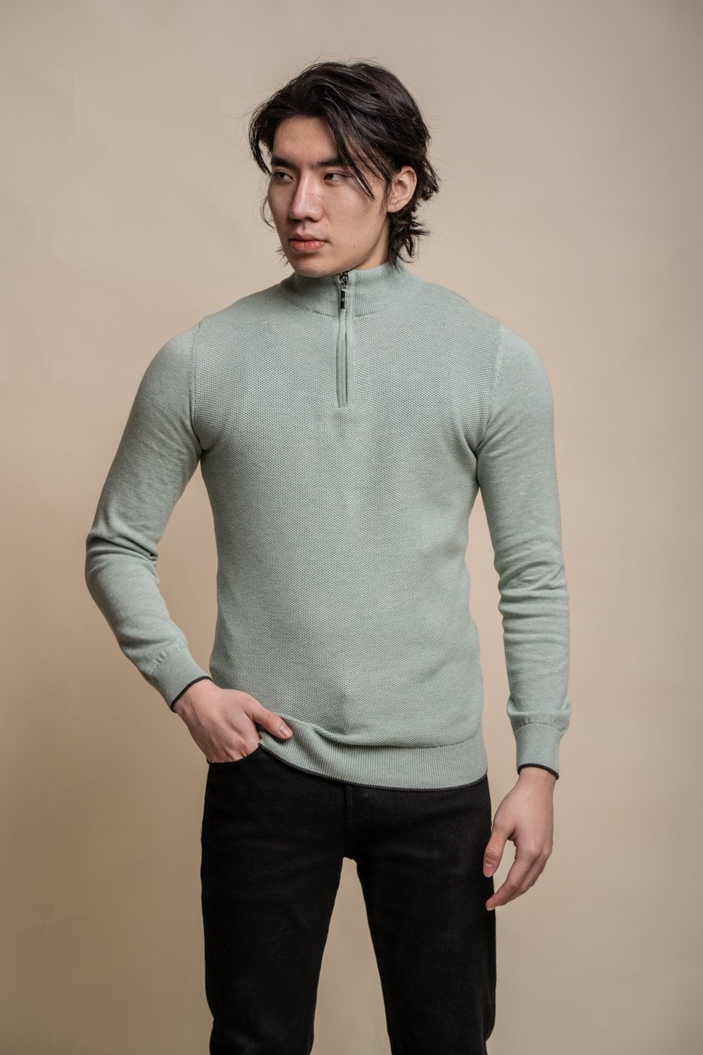 Pull en tricot de coton à demi-zip pour hommes - KYLE - Amande verte