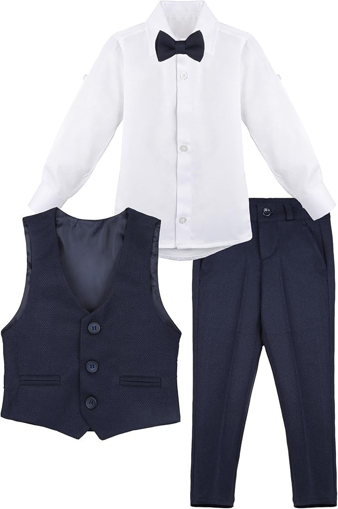 Jungen Slim Fit Texturiertes Weste Anzug Set, Festlicher Anzug - Navy blau