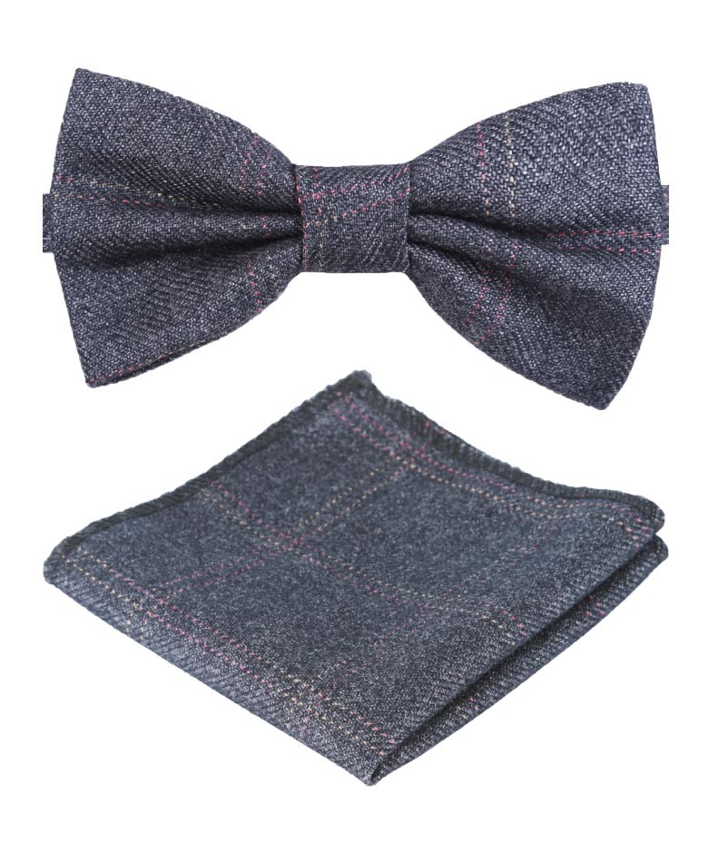 Boys & Men's Tweed Check Bow Tie Set - Charcoal Grey