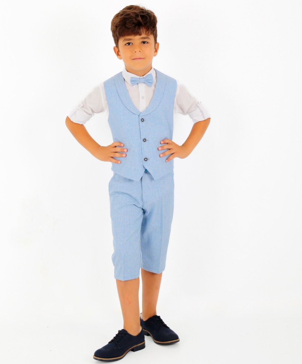Boys Linen Vest Suit Set  - Light Blue