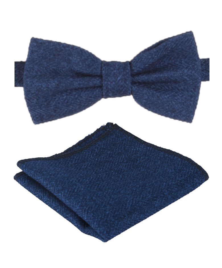 Nœud Papillon et Pochette en Tweed Herringbone pour Garçons et Hommes - Bleu