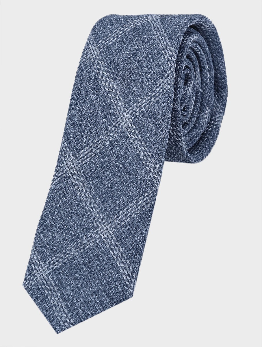 Ensemble cravate et mouchoir de poche à carreaux fenêtre en tweed pour hommes - Grey Blue