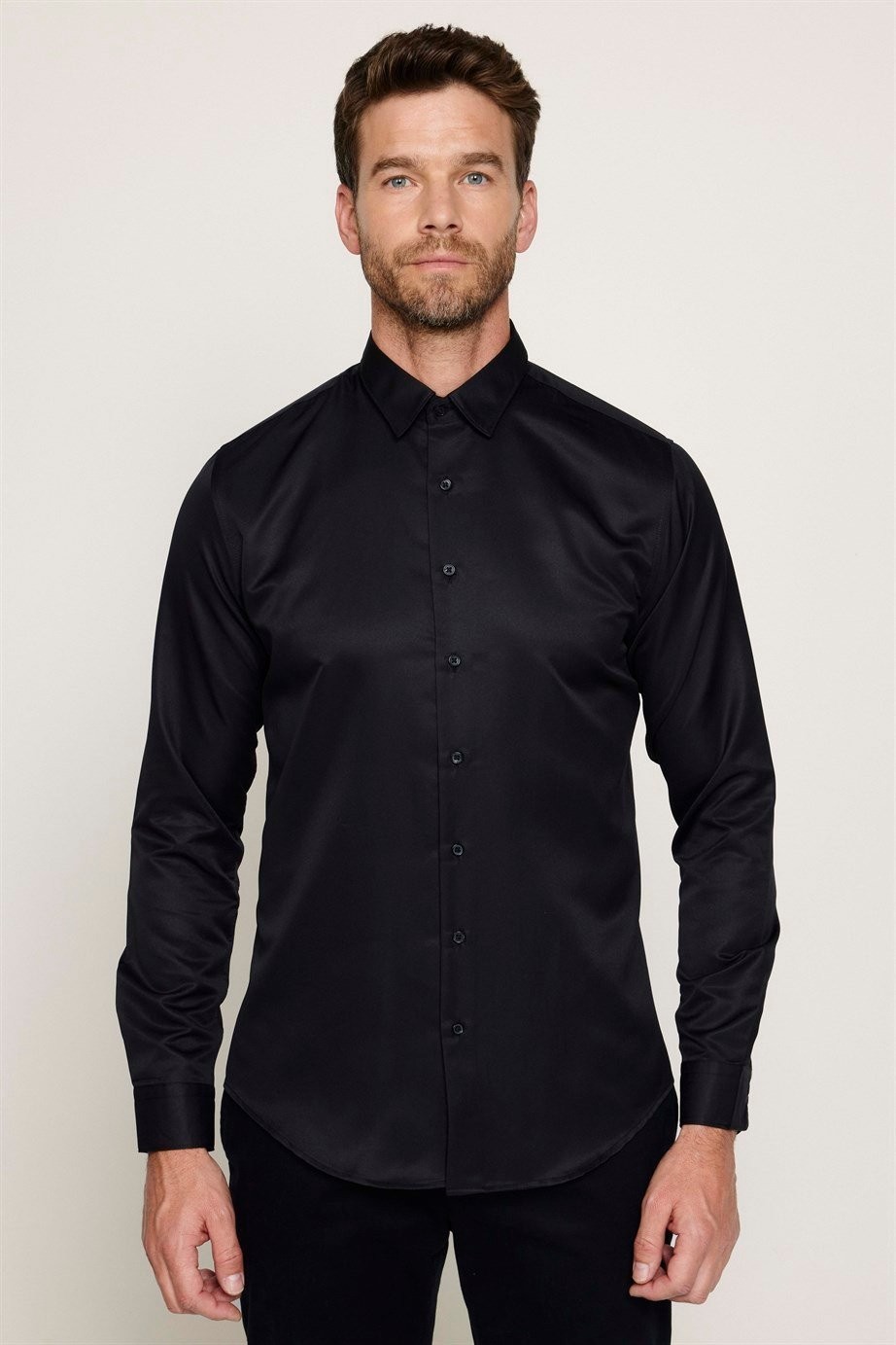 Herren Slim Fit Langarm-Hemd - POLY - Schwarz