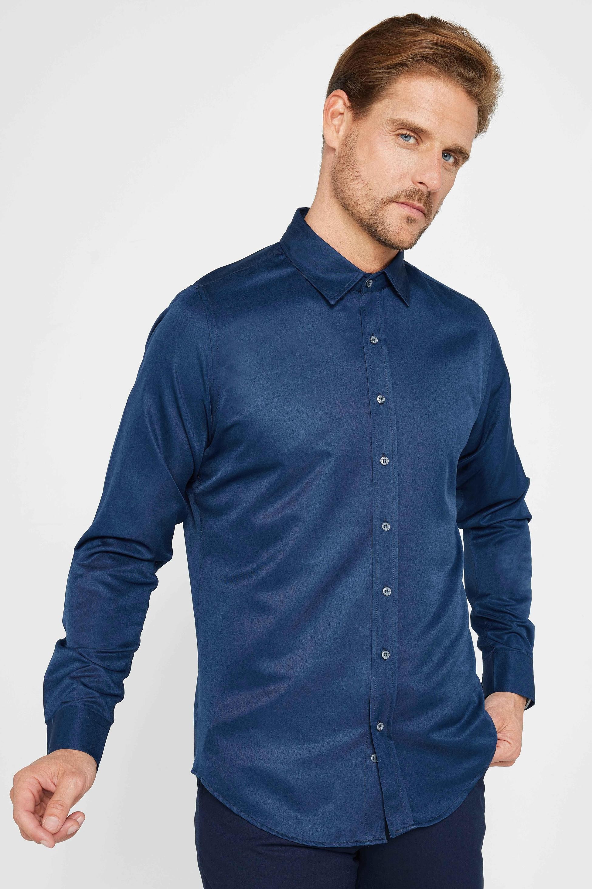 Herren Slim Fit Langarm-Hemd - POLY - Navy blau