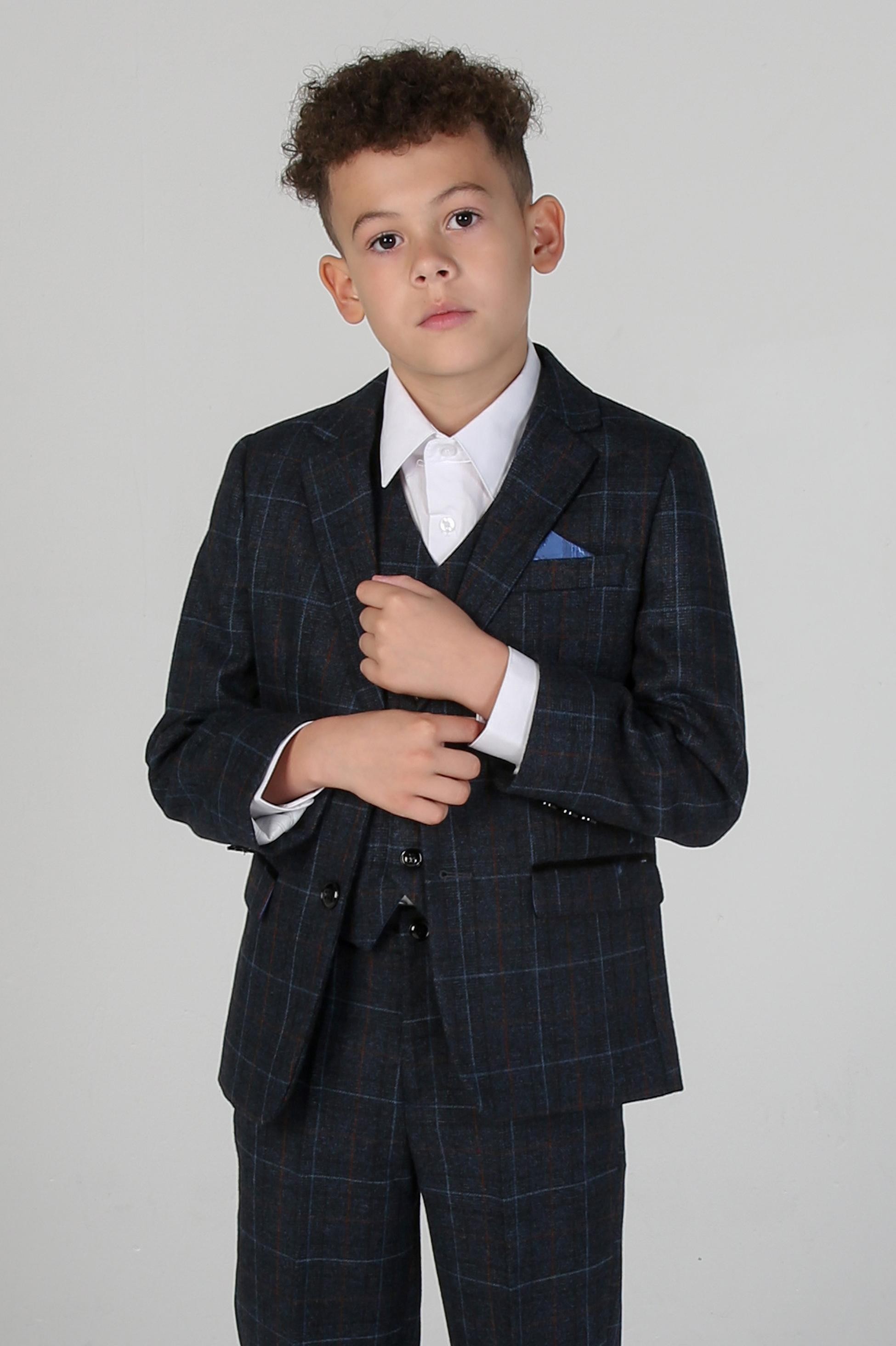 Boys Windowpane Tailored Fit Suit- HARVEY - Navy Blue