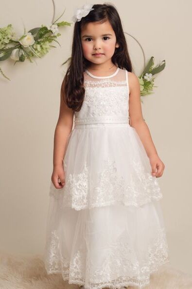 Girls Ivory Layered Lace Dress - FLORANCE