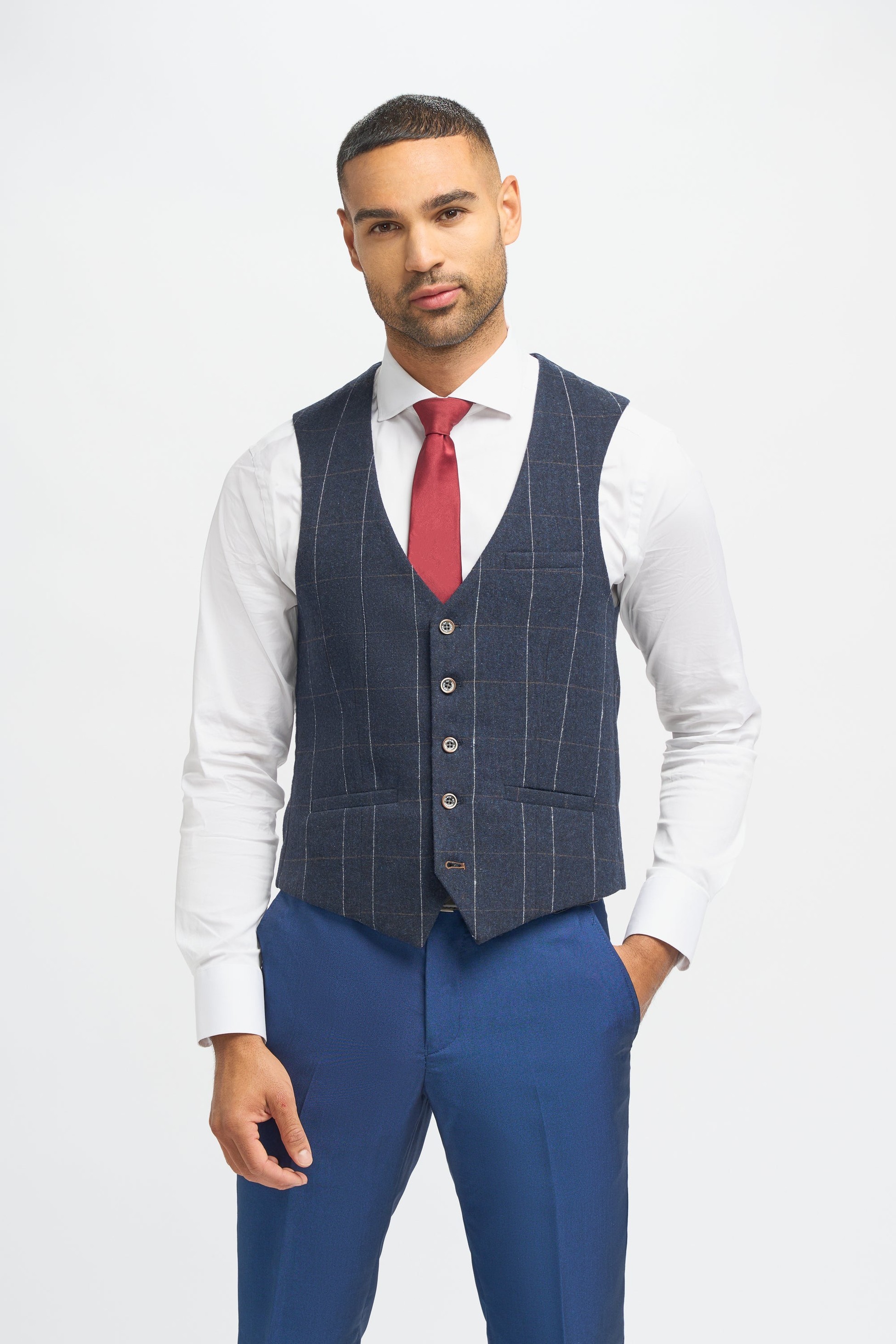 Herren Anzug in Königsblau, Slim Fit, 3-Teilig mit Tweed-Weste in Marineblau mit Fensterkaromuster