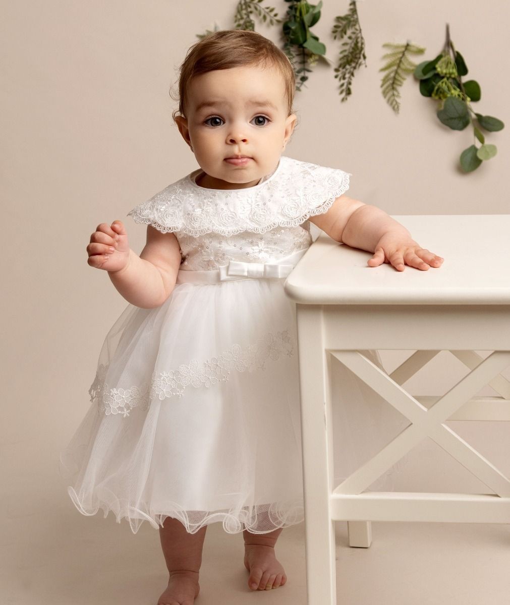 Baby-Mädchen Lagen-Taufkleid mit Spitzenumhang - HAZEL - Elfenbein