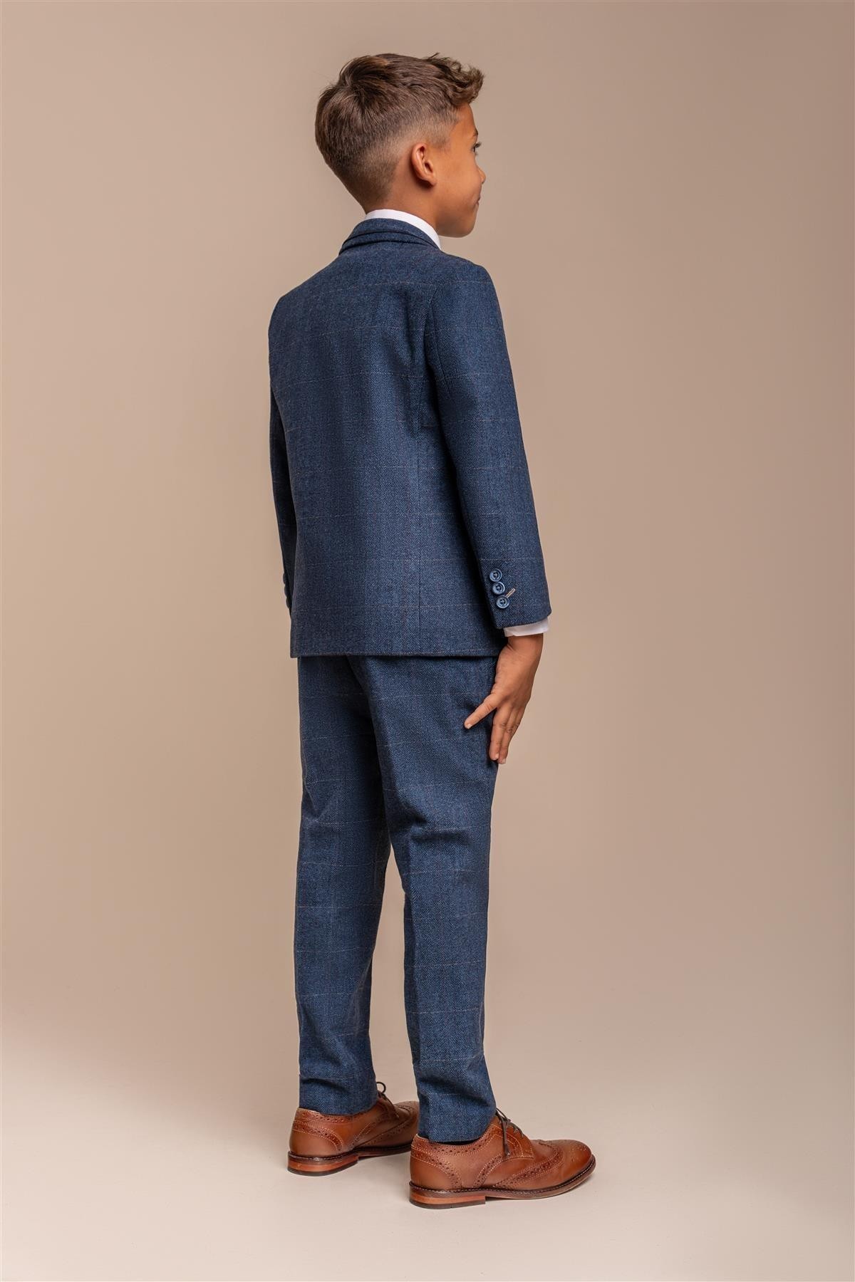 Boys Slim Fit Herringbone Tweed Blue Suit - CARNEGI - Navy Blue