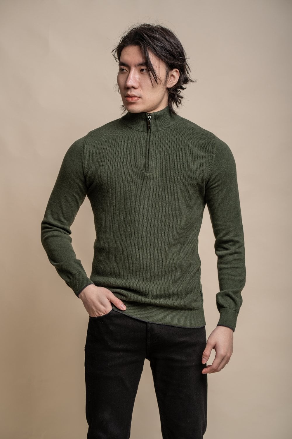 Pull en tricot de coton à demi-zip pour hommes - KYLE - Olive verte