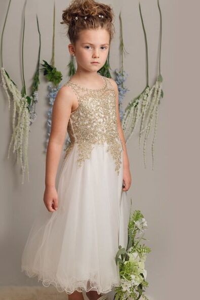 Girls' Ivory/Gold Lace Beaded Dress - LINZI