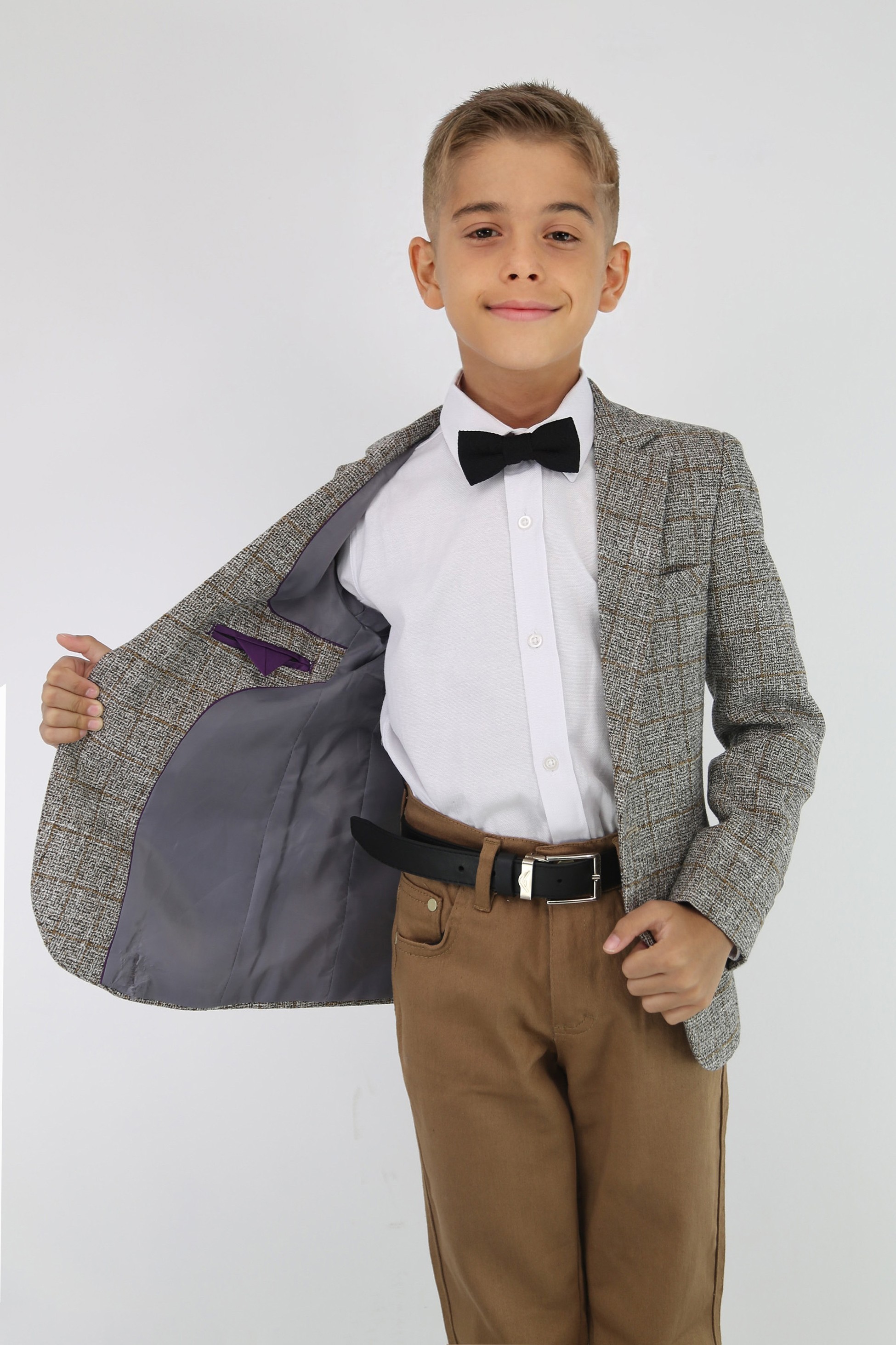 Jungen-Baumwoll-Tweed-ähnlicher Karo-Tailored-Fit-Blazer - Beige