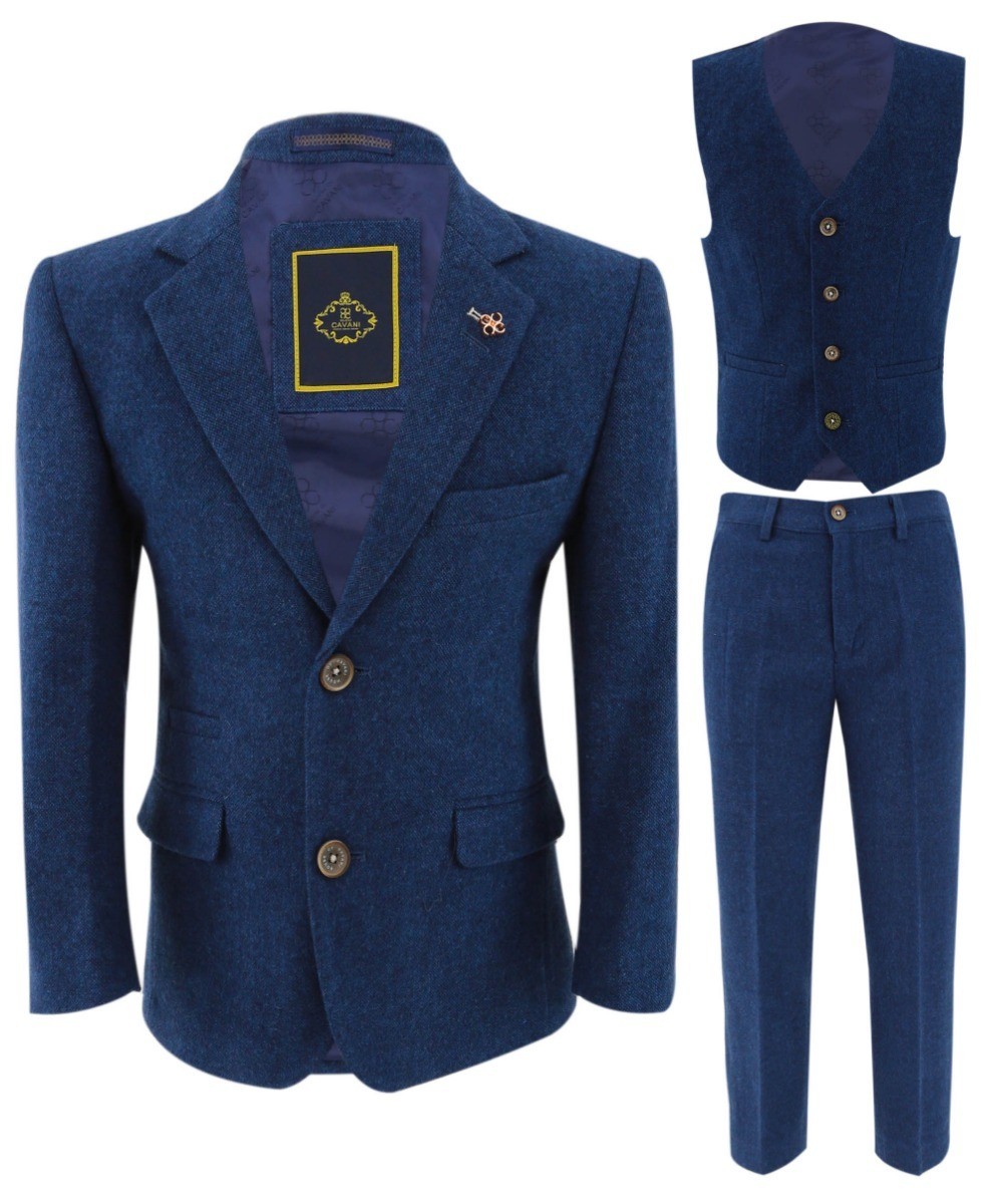 Costume bleu ajusté en mélange de laine tweed pour garçons - ORSON