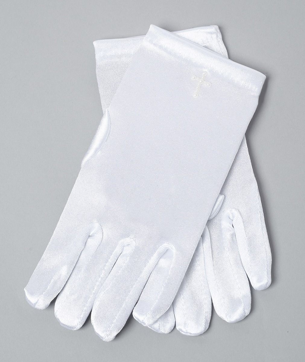 Gants en satin blanc pour filles avec croix de perles - GABY