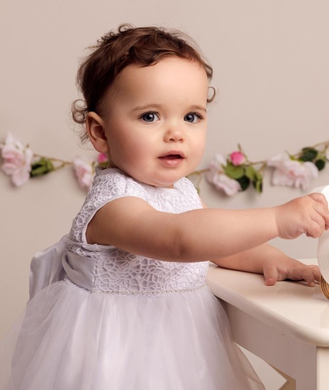 Baby-Mädchen-Taufkleid mit Spitze und Schleife - ROSE - Weiß