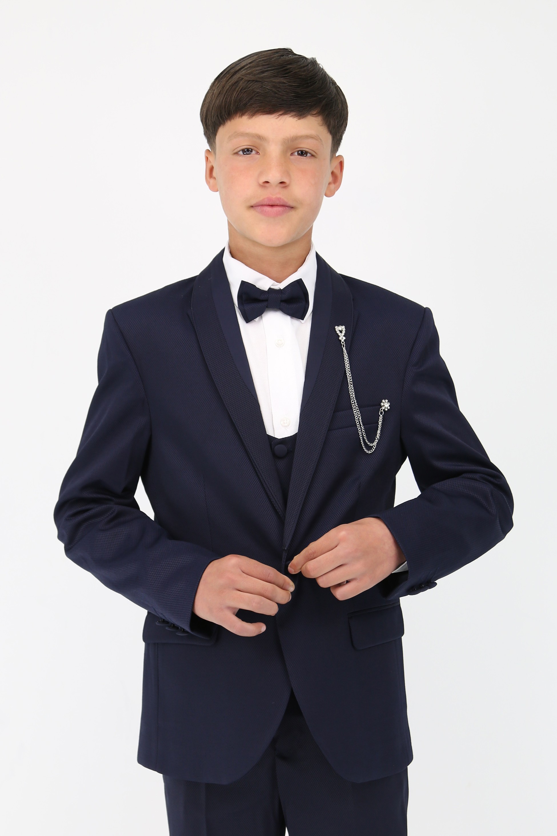 Boys' Satin Shawl Lapel Self-Patterned Tuxedo Suit, 6-Piece Set - Navy