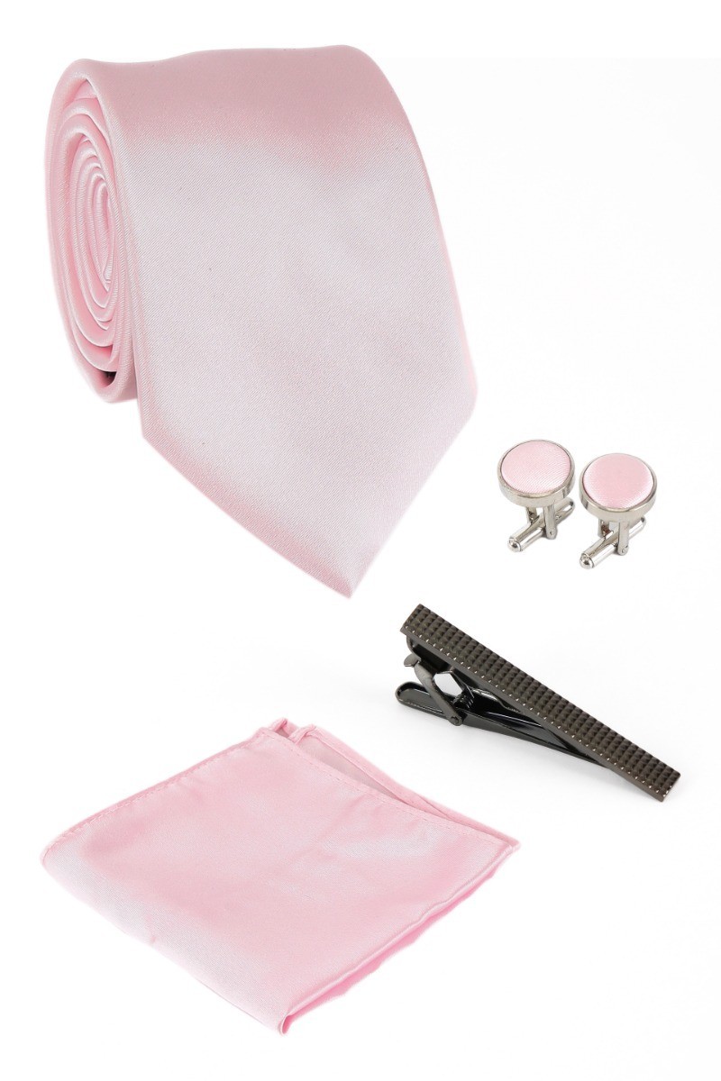 Männer Solide Satin Krawatte Manschettenknopf 4 Teilige Hochzeitsgeschenkset Set - Hell-Pink