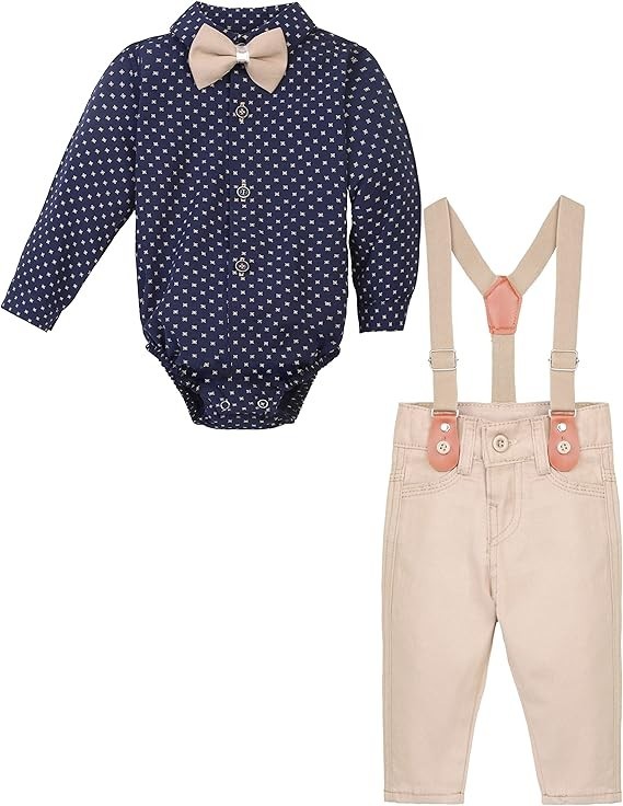 Baby & Jungen Gentleman-Outfit - 4-teiliges Hosenträger-Set - KELEBEK - Navy - Beige