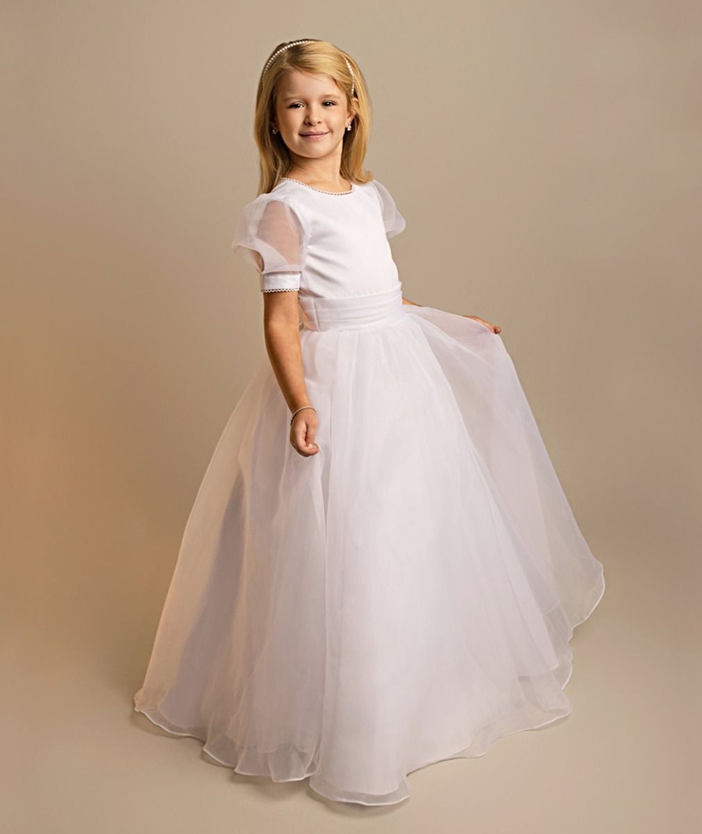 Robe de communion pour filles en tulle avec jupe et manches bouffantes blanches avec nœud - Maryam