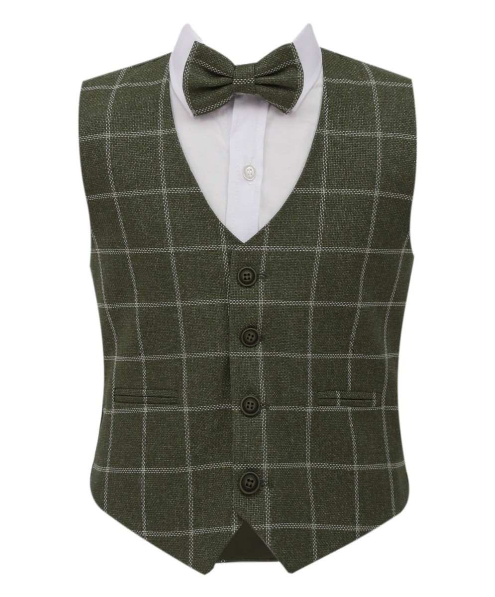 Boys Tweed Check Cotton Vest Set - Sage Green