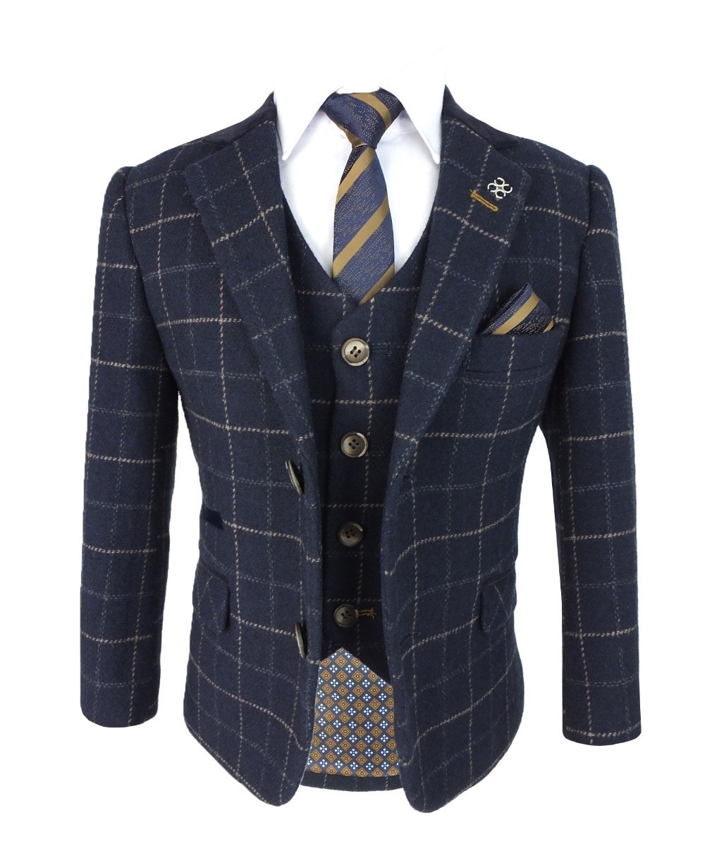 Boys Tweed Windowpane Check Slim Fit Suit - SHELBY