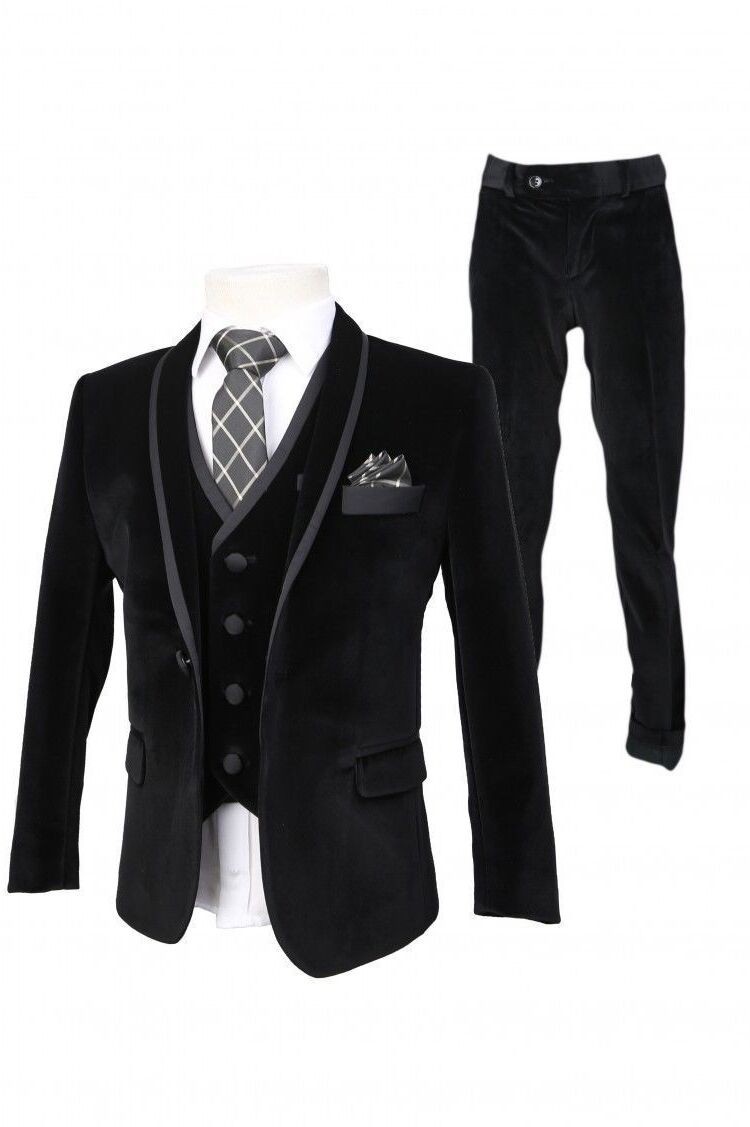 Boys Premium Black Velvet Tuxedo Suit: Ideal for Weddings & Formal Occasions