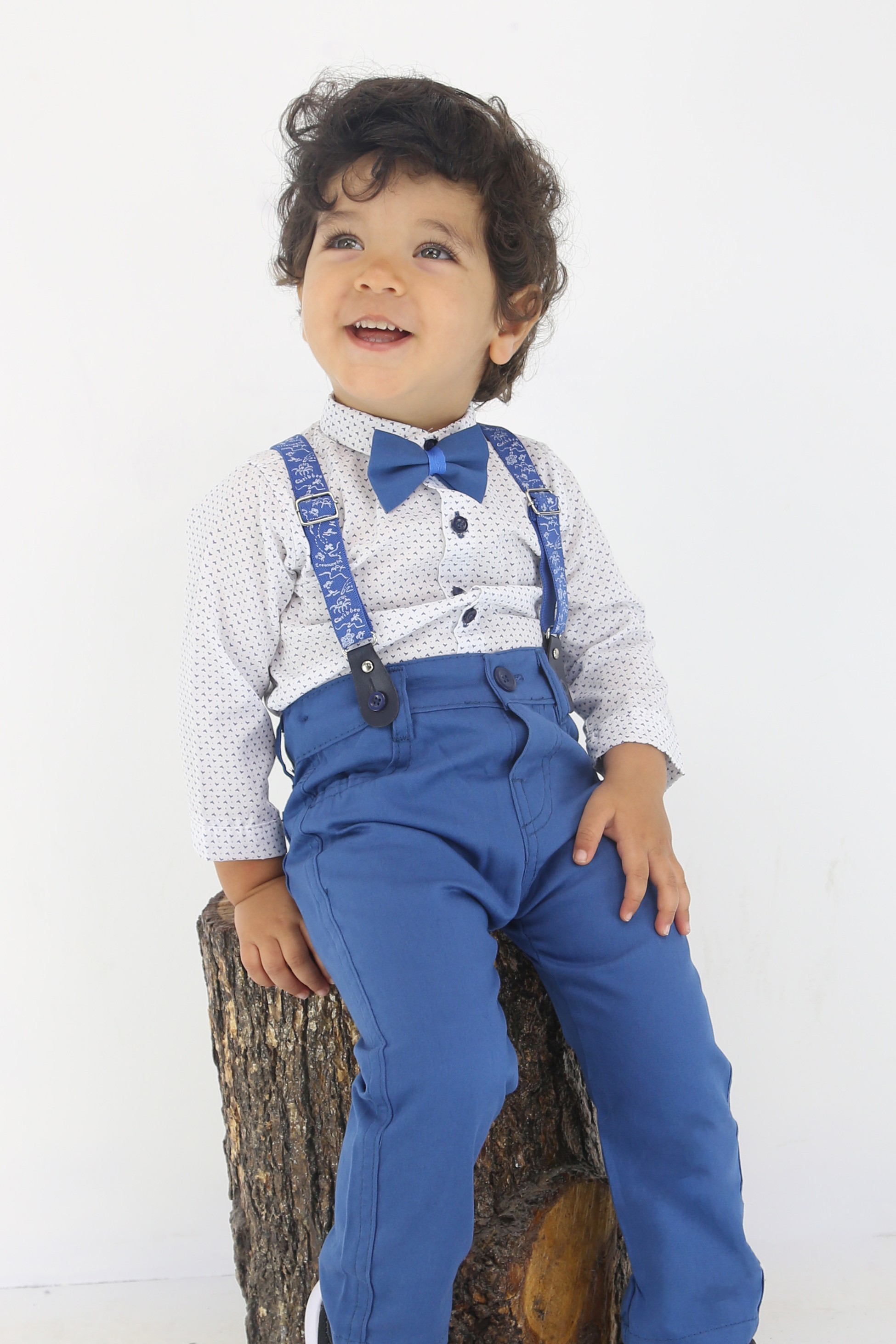 Baby Jungen Gentleman Outfit - 4-teiliges Hosenträger-Anzug-Set - BIRD - Blau