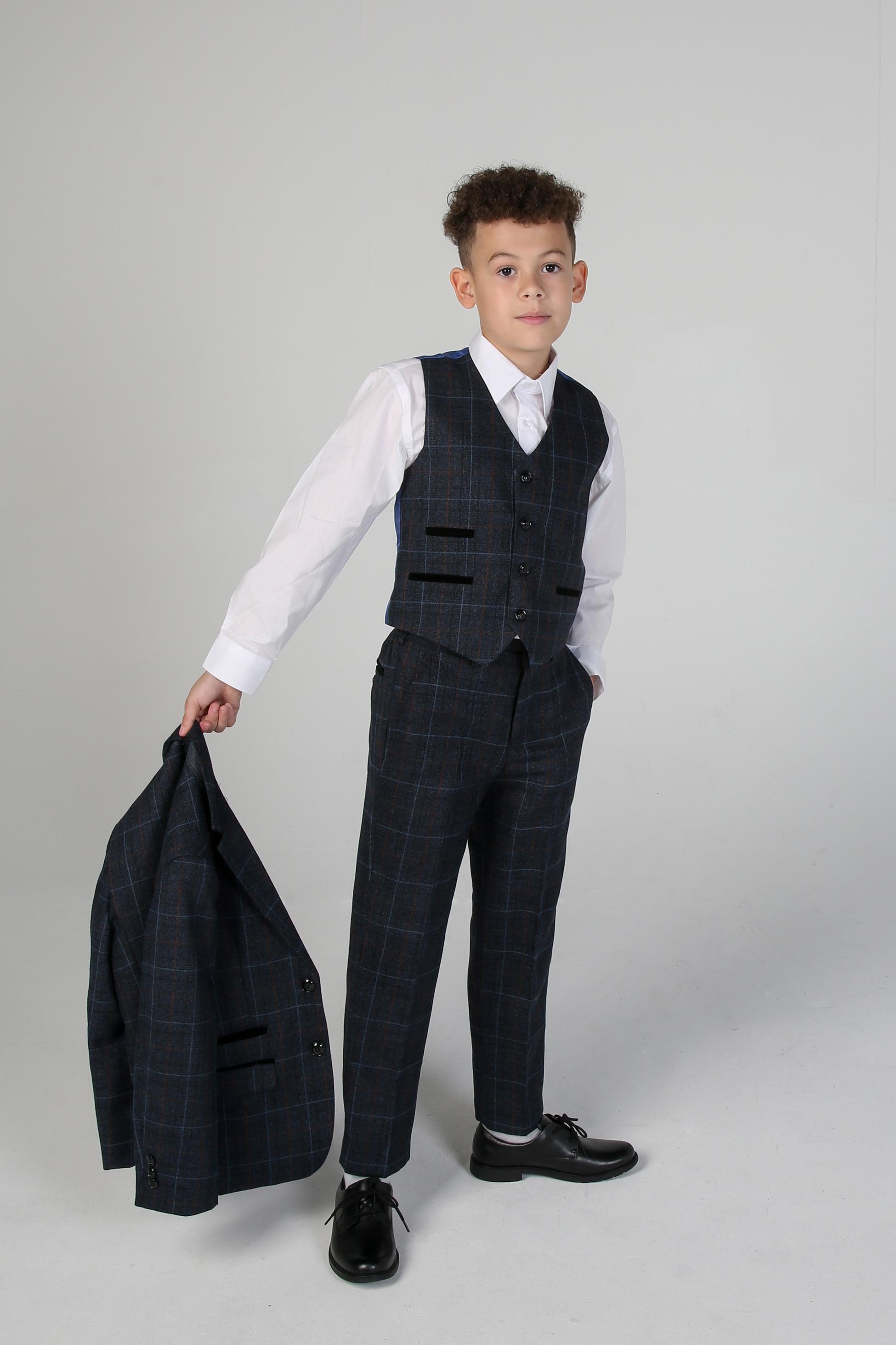 Tailored Fit Retro Anzug für Jungen aus TweedKaro - Navy blau