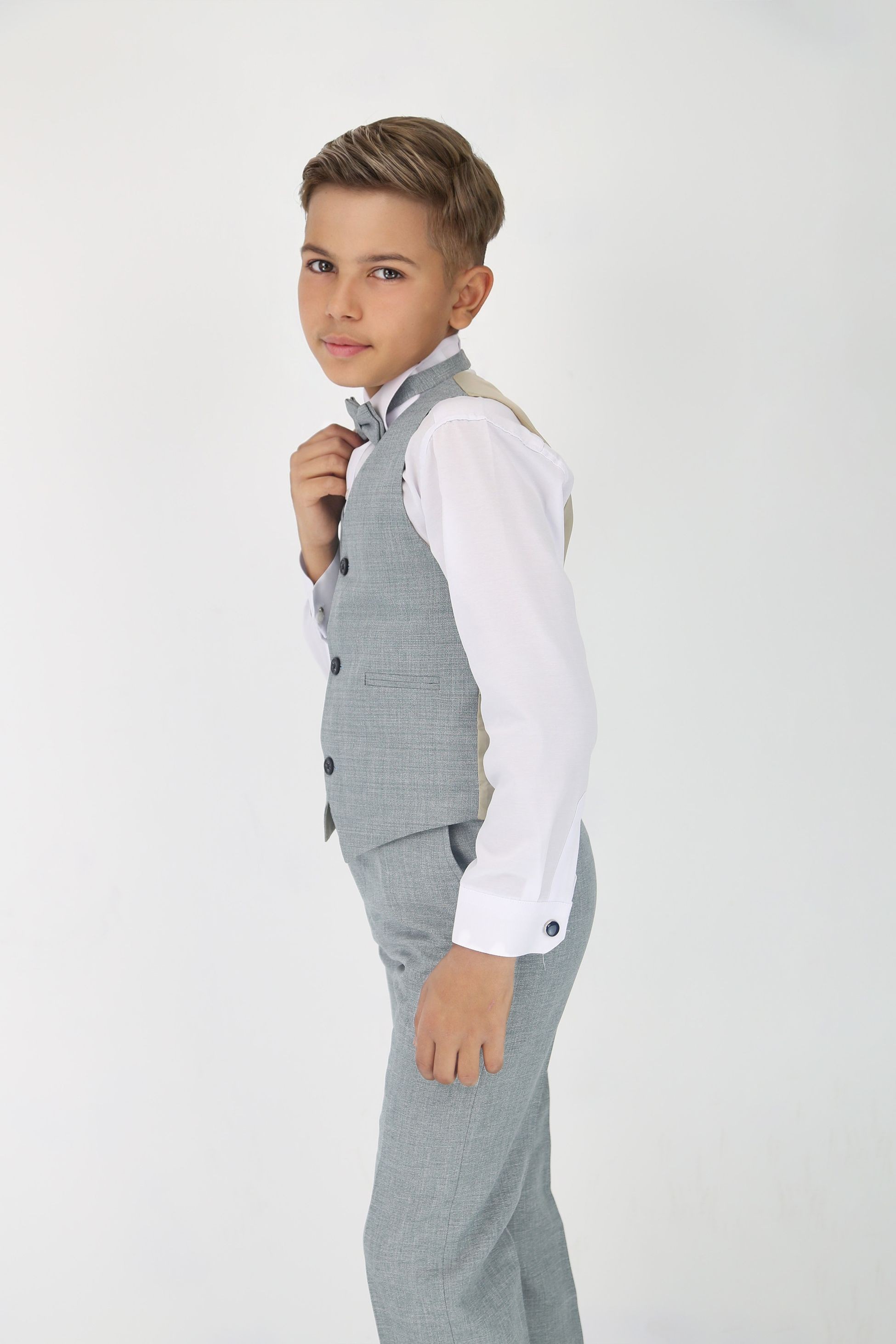 Boys Slim Fit Textured 6-Piece Formal Suit Set - Grey