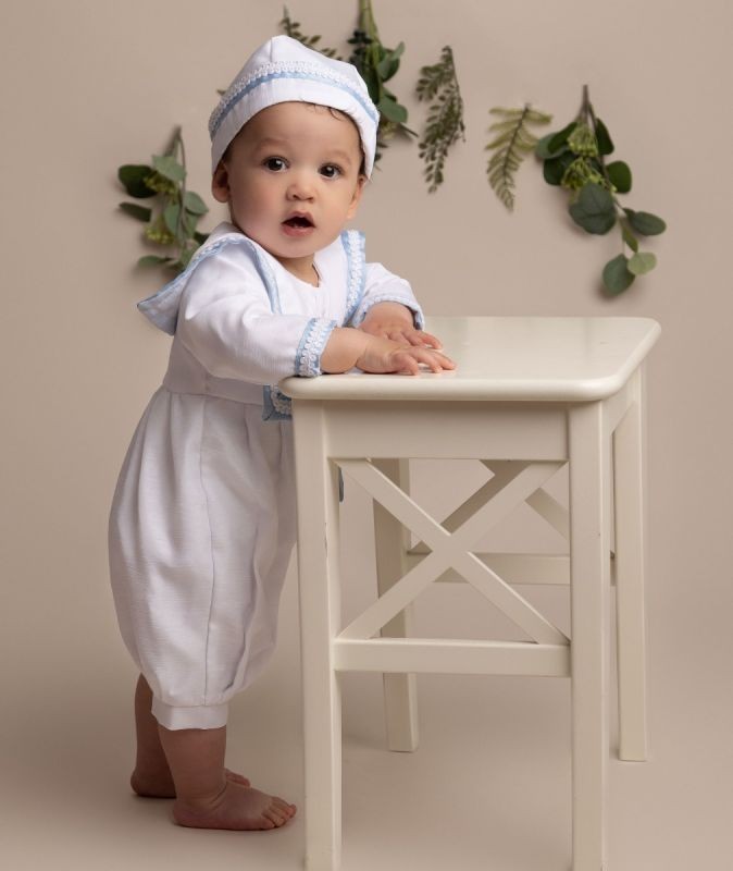 Baby Boys White Christening Romper with Hat - William