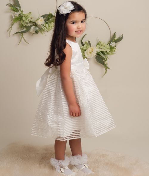 Girls Satin Bow Dress with Striped Tulle Skirt - IZEL