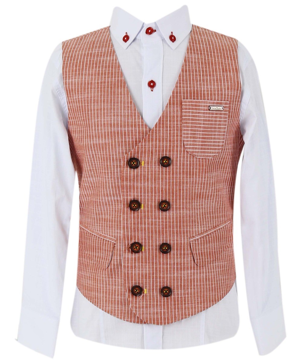 Boys Cotton Linen Pinstrip Vest Suit Set - Red