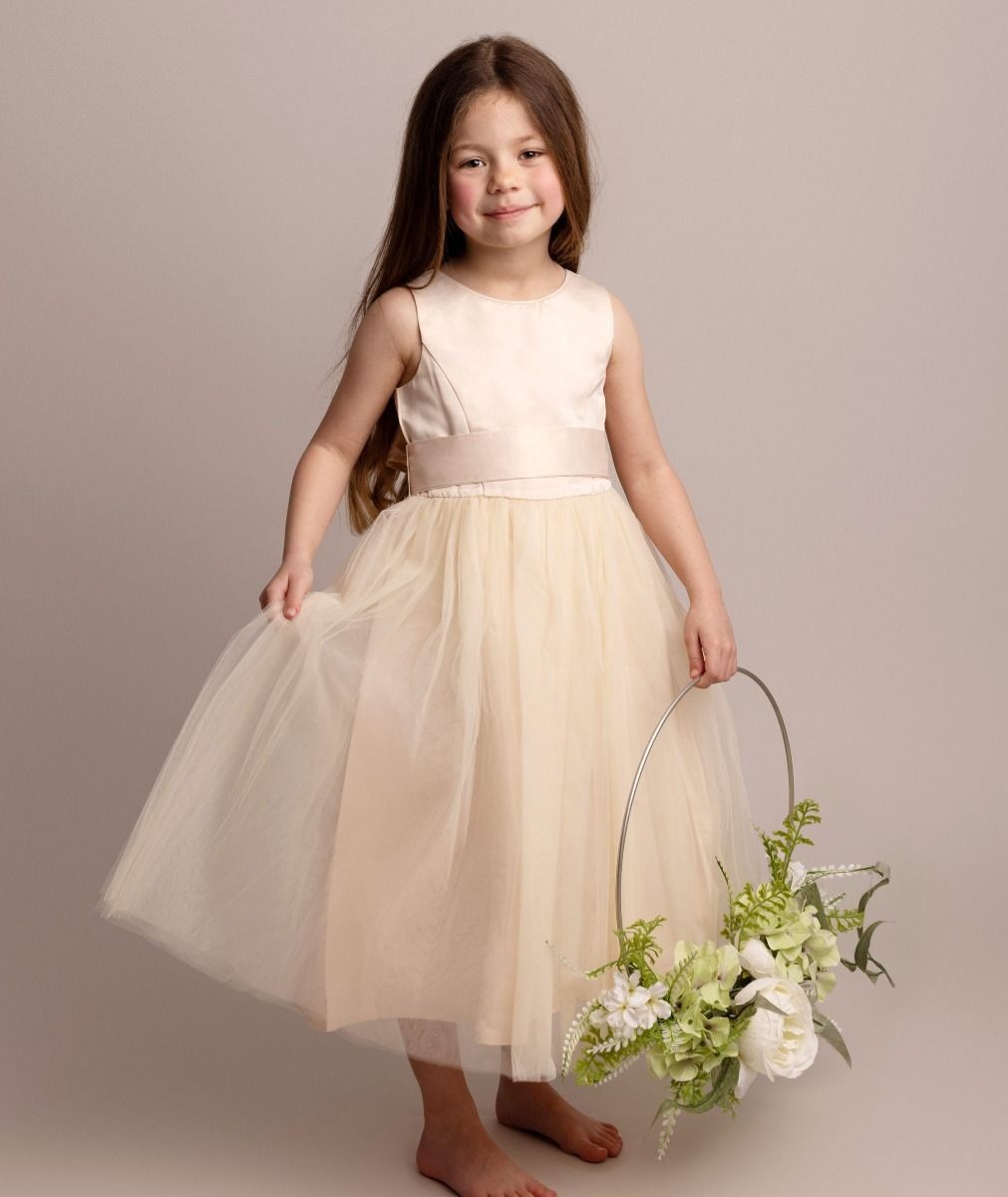 Flower Girl Dress with Tulle Skirt & Bow - HILARY - Champagne