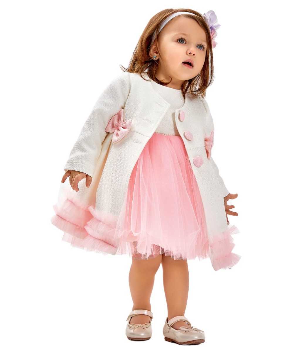 Baby Mädchen Strick Tutu Tüll Midi Kleid & Mantel Se - Elfenbein -Pink