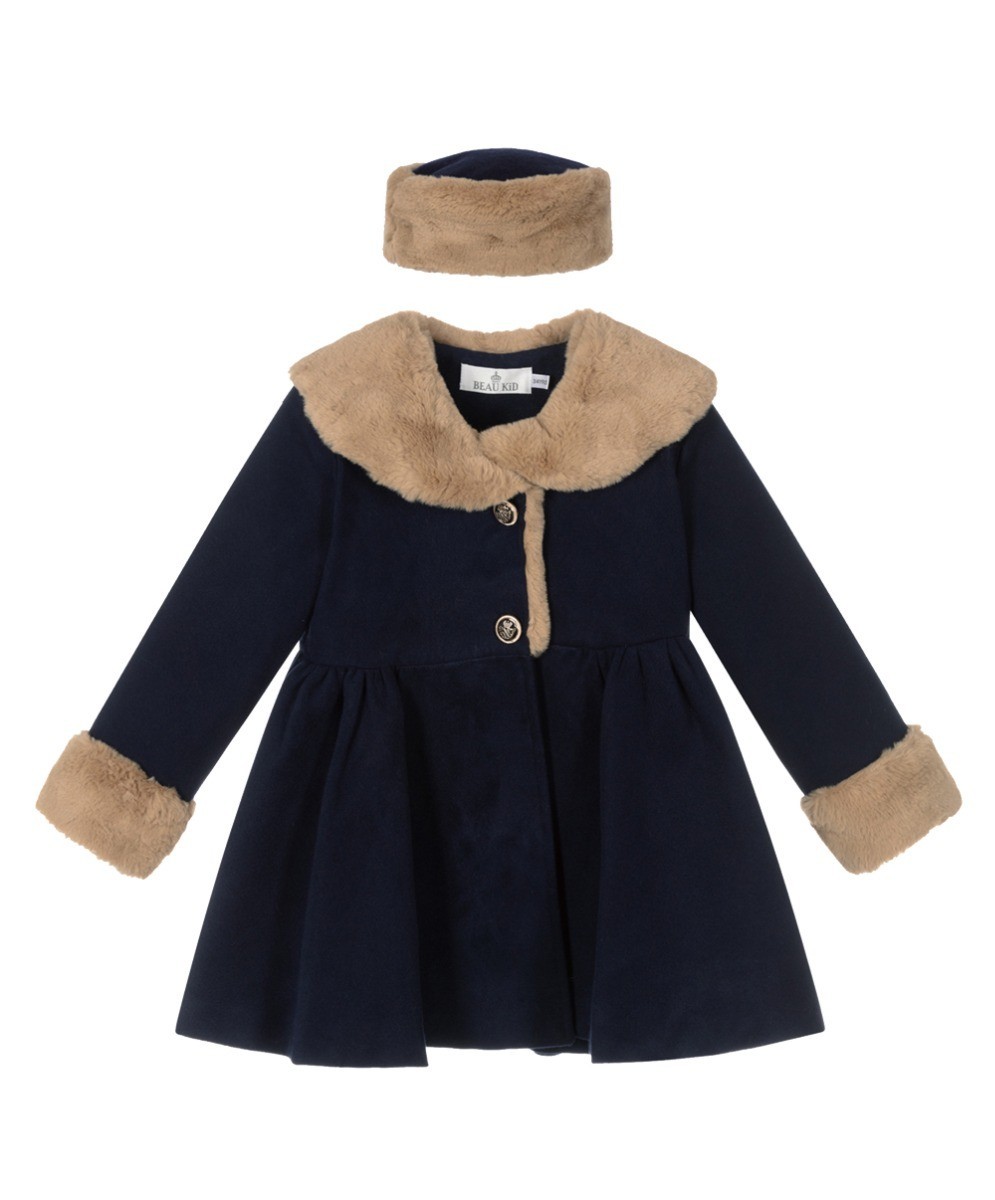 Girls Fur Midi Dress Coat 2 Piece Set - Navy Blue
